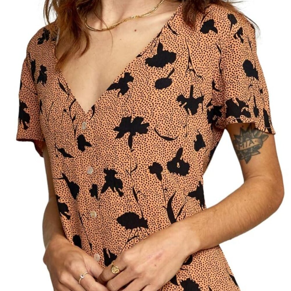 RVCA Women's Avery Woven Short Sleeve Dress, L, Canyon Rose